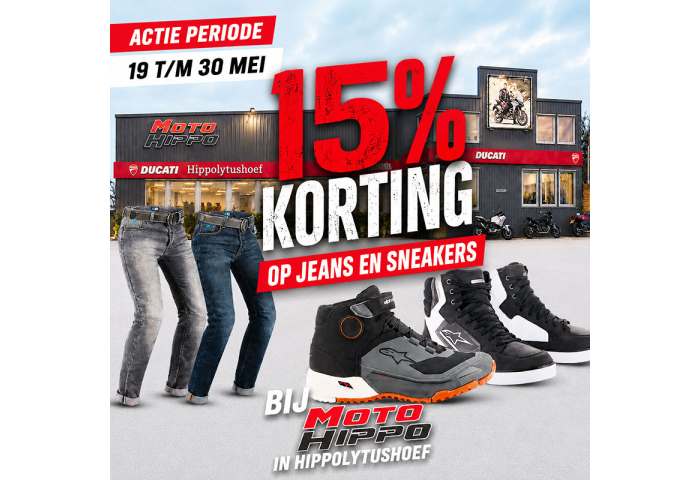 15% korting op motorsneakers en motorjeans &ndash; van 19 t/m 30 mei